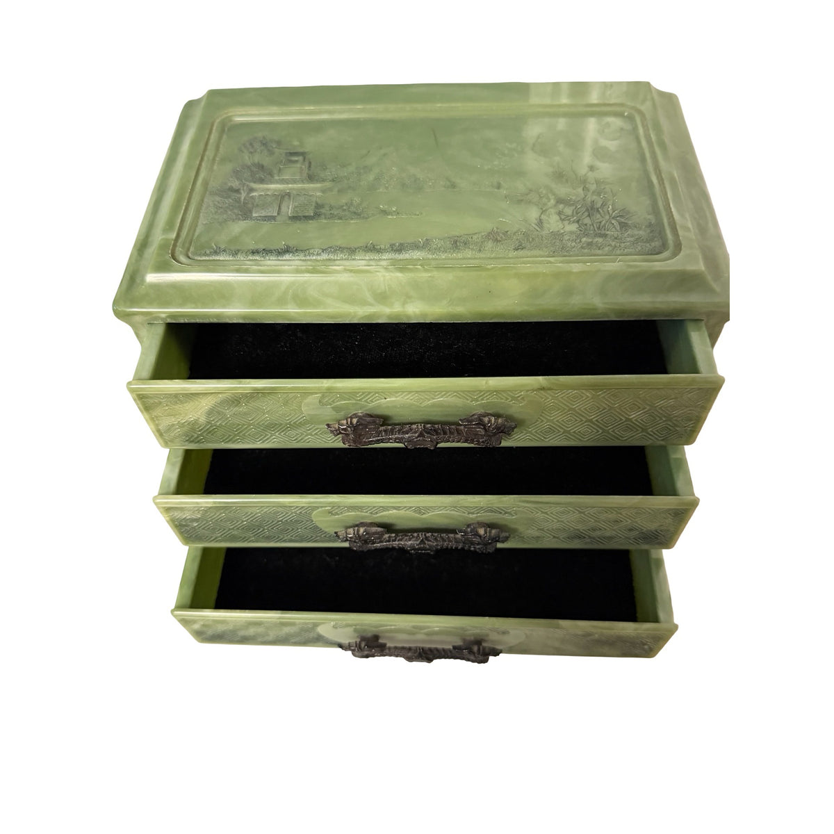 Vintage Faux Jade Green Plastic Jewelry Box 3 Drawer Dragon Chinoiserie