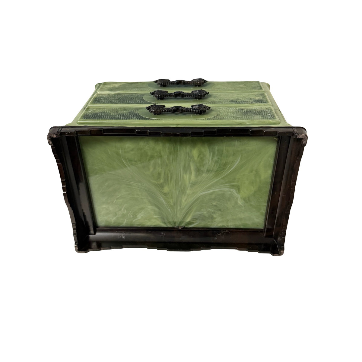 Vintage Faux Jade Green Plastic Jewelry Box 3 Drawer Dragon Chinoiserie