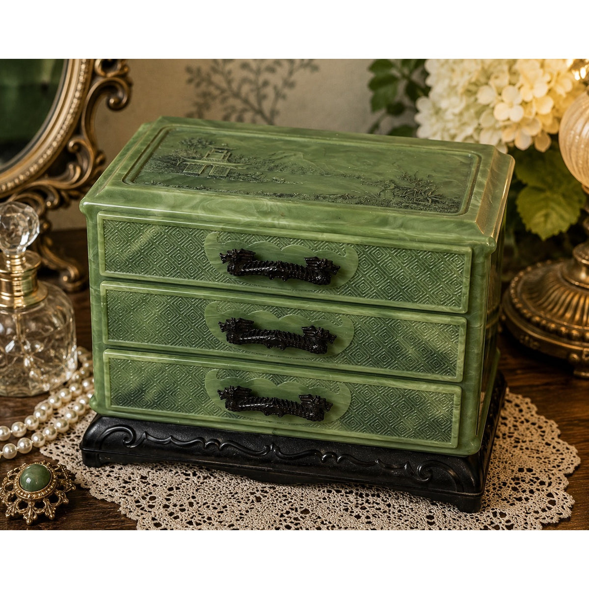 Vintage Faux Jade Green Plastic Jewelry Box 3 Drawer Dragon Chinoiserie