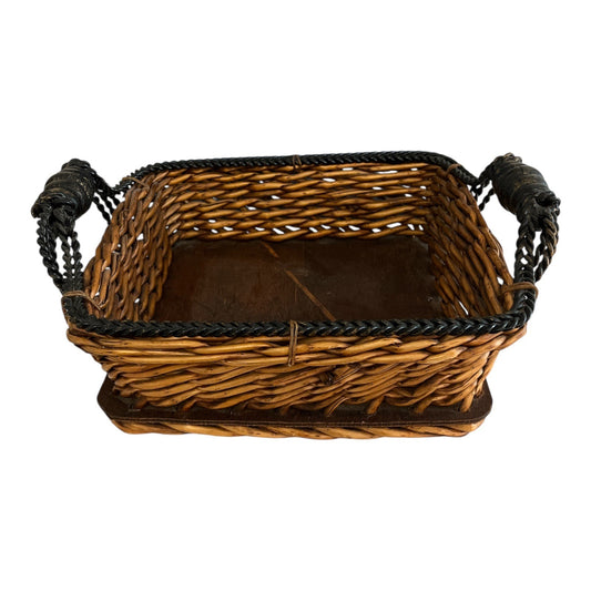Vintage Rattan & Wood Basket with Twisted Metal Handles – Rustic Farmhouse Decor