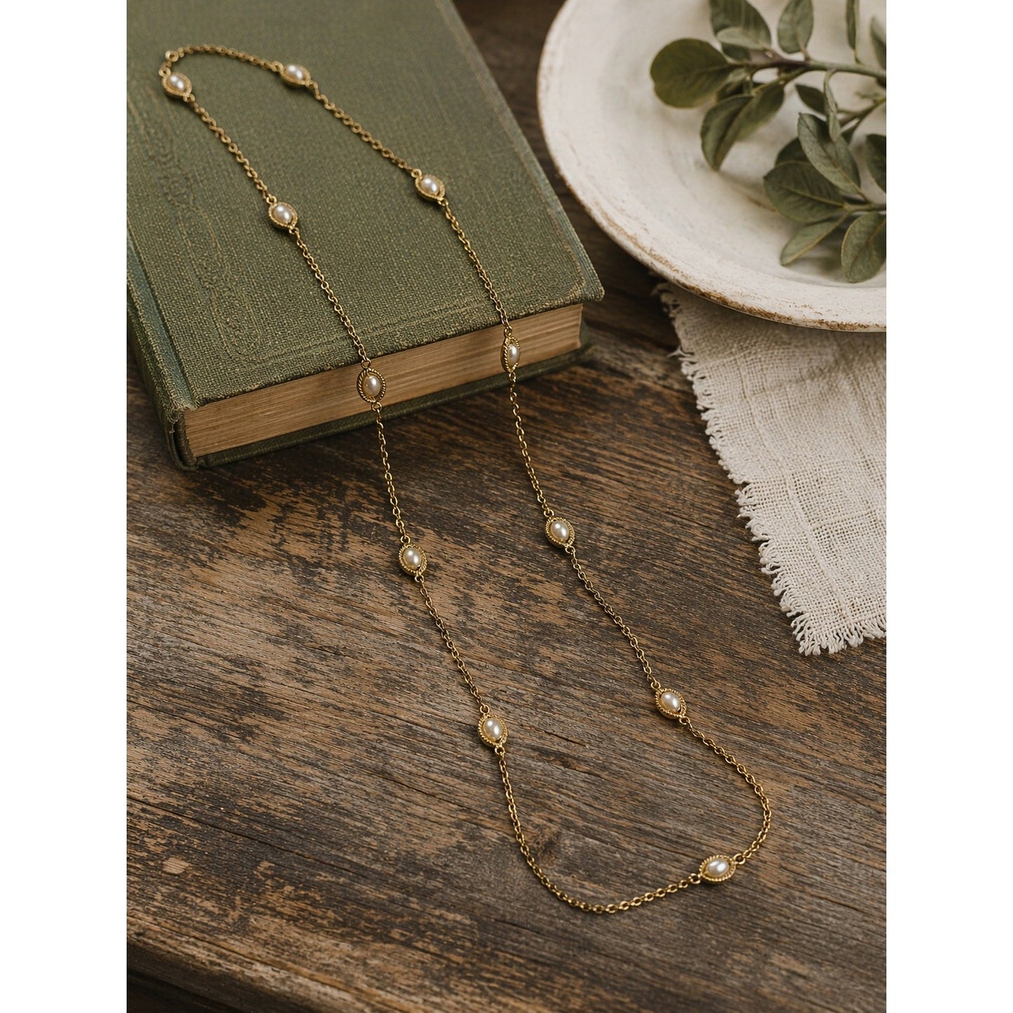 Vintage Gold Tone Station Necklace Faux Pearl Beaded Chain 52 Inch Long