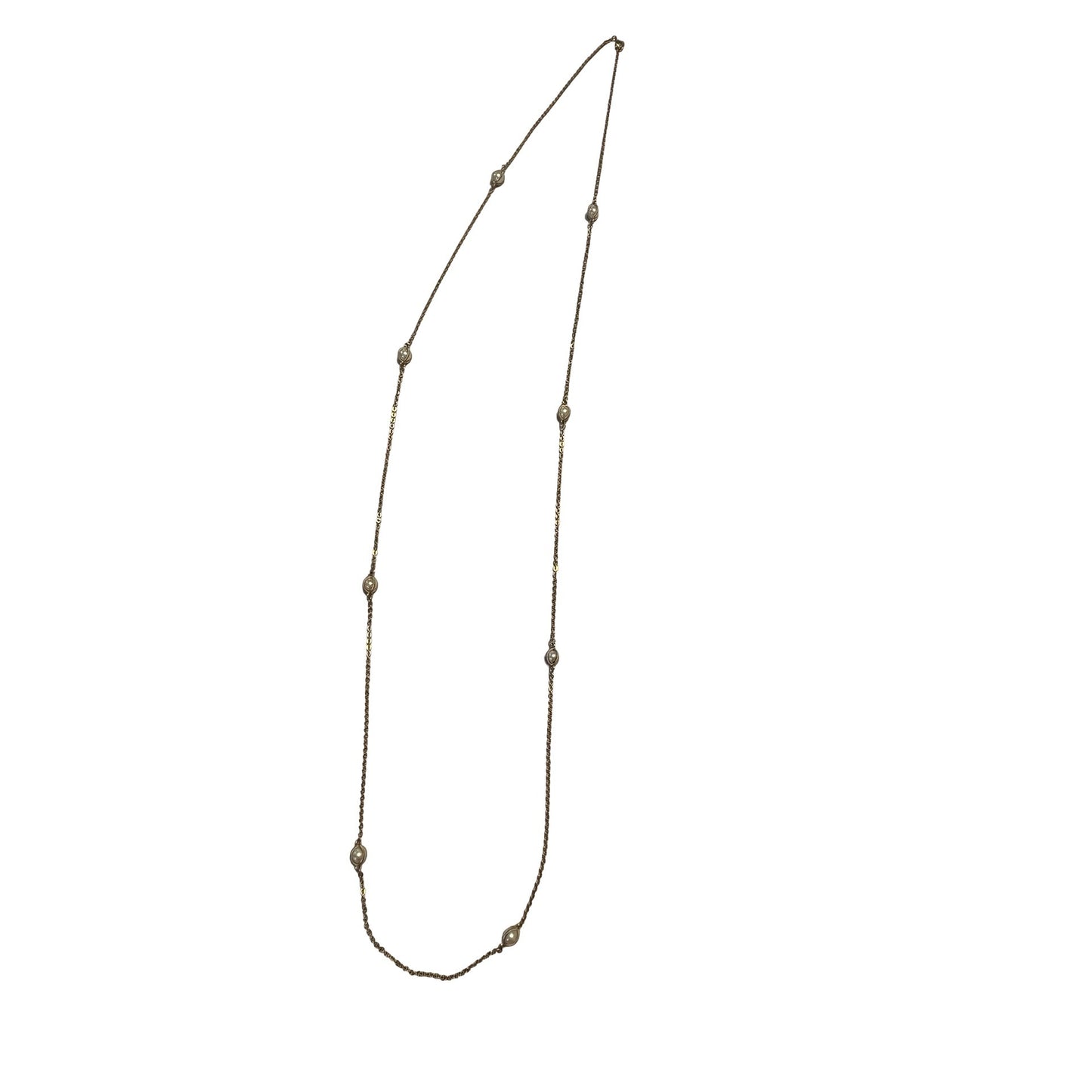 Vintage Gold Tone Station Necklace Faux Pearl Beaded Chain 52 Inch Long