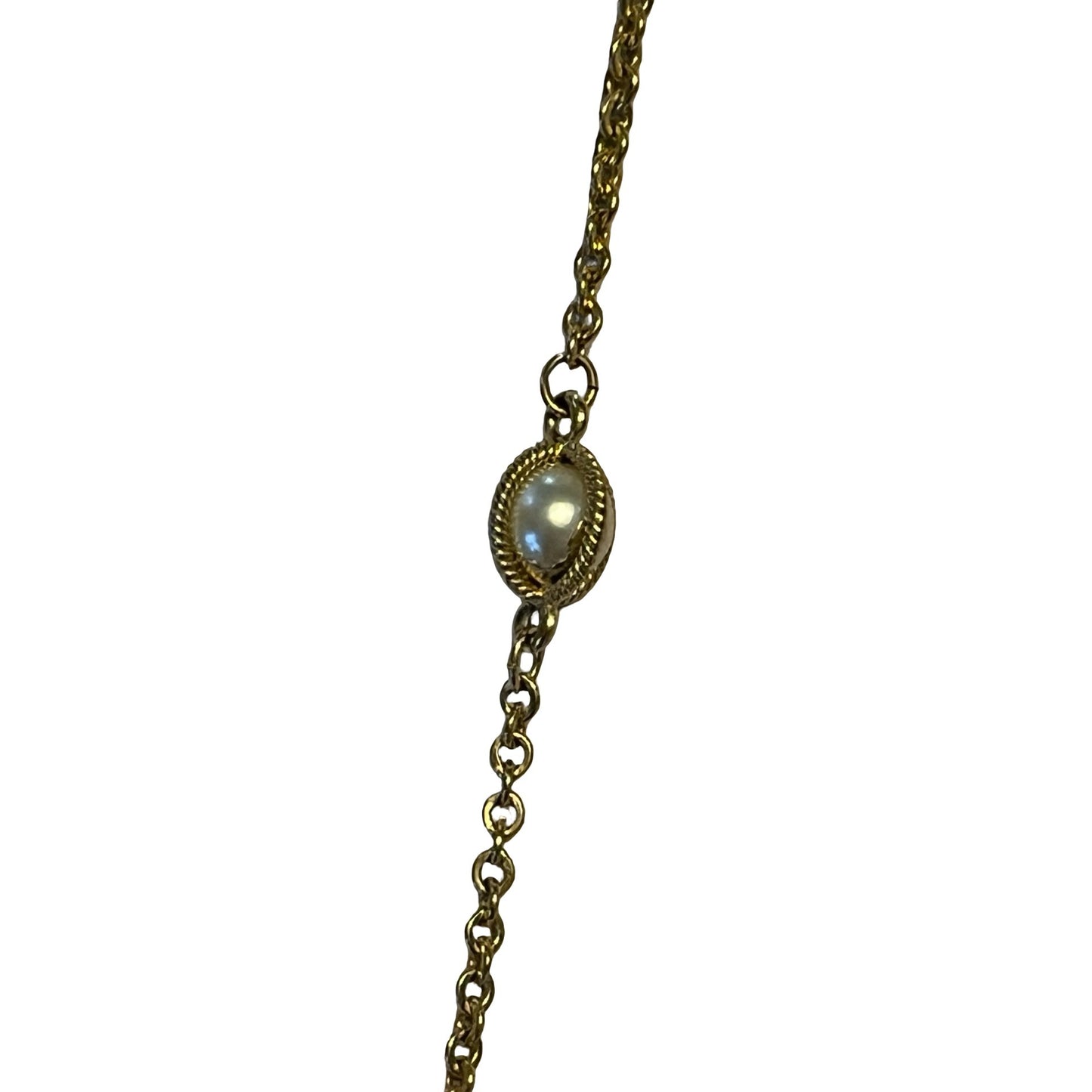Vintage Gold Tone Station Necklace Faux Pearl Beaded Chain 52 Inch Long
