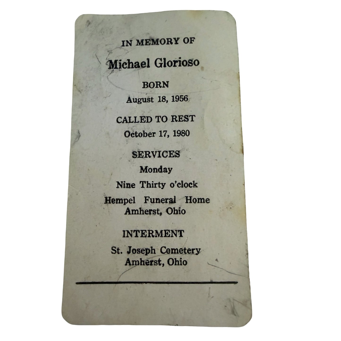 Vintage 1980 Catholic Memorial Prayer Card Ohio State Entomology Graduate Michael Glorioso