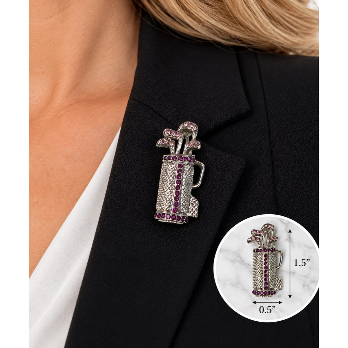 Vintage Rhinestone Golf Bag Brooch Pink Purple Stones Silver Tone 1.5 Inch