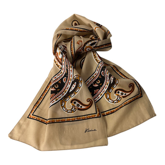 Vintage Karina Paisley Scarf – Tan, Brown & Black Rectangular Neck Scarf