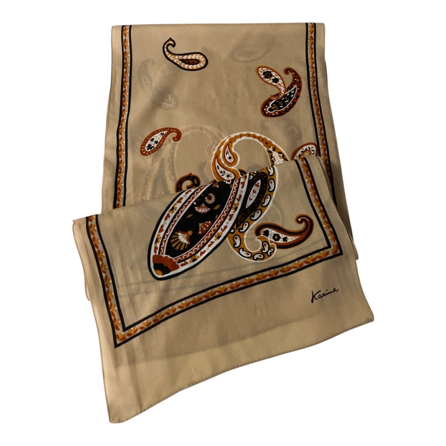 Vintage Karina Paisley Scarf – Tan, Brown & Black Rectangular Neck Scarf