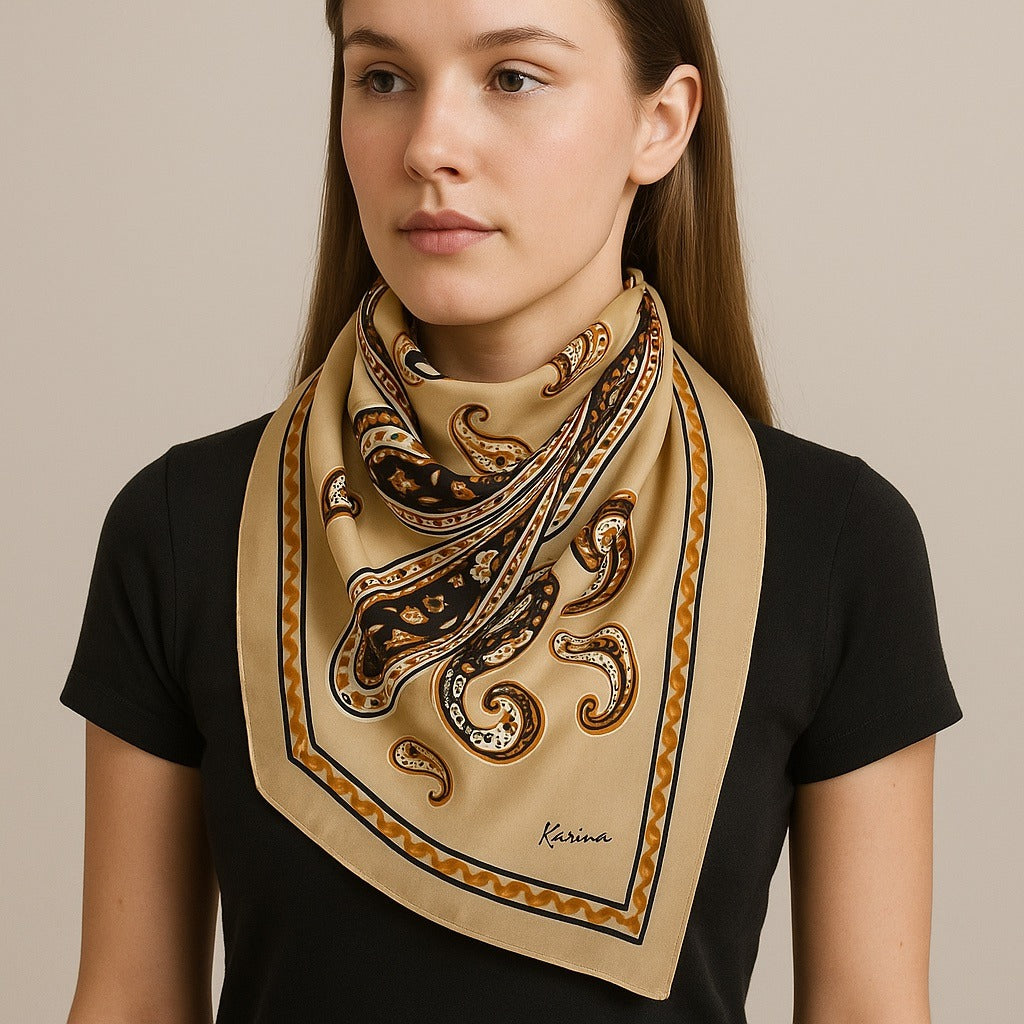 Vintage Karina Paisley Scarf – Tan, Brown & Black Rectangular Neck Scarf