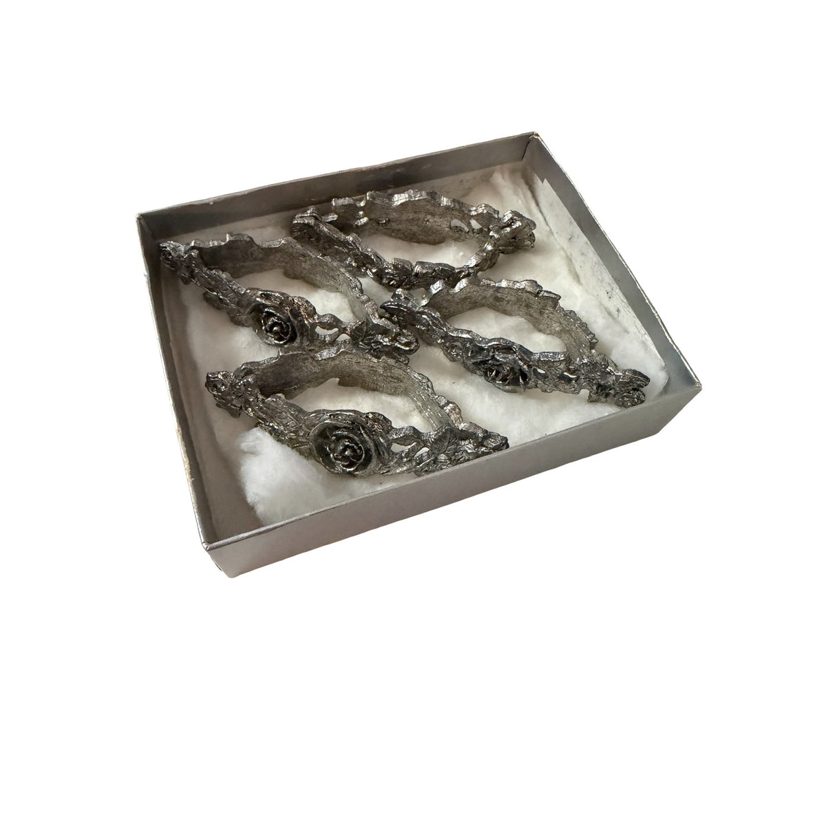 1987 Designs by Metzke Pewter Rose Napkin Rings Set of 4 Original Box