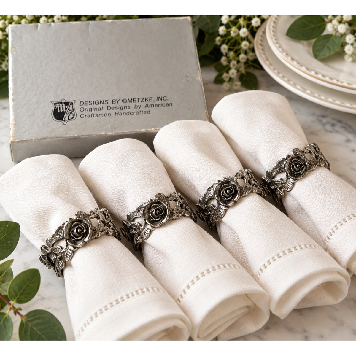 1987 Designs by Metzke Pewter Rose Napkin Rings Set of 4 Original Box