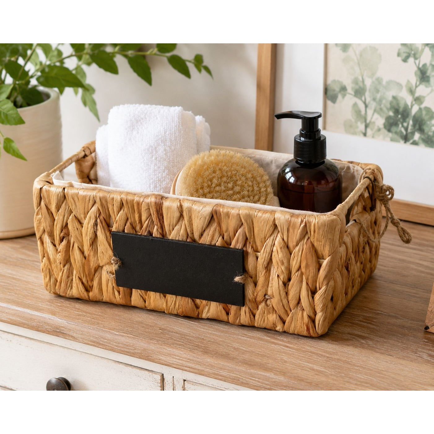 RGI Home Woven Storage Basket with Chalkboard Label – Natural Water Hyacinth – NWT