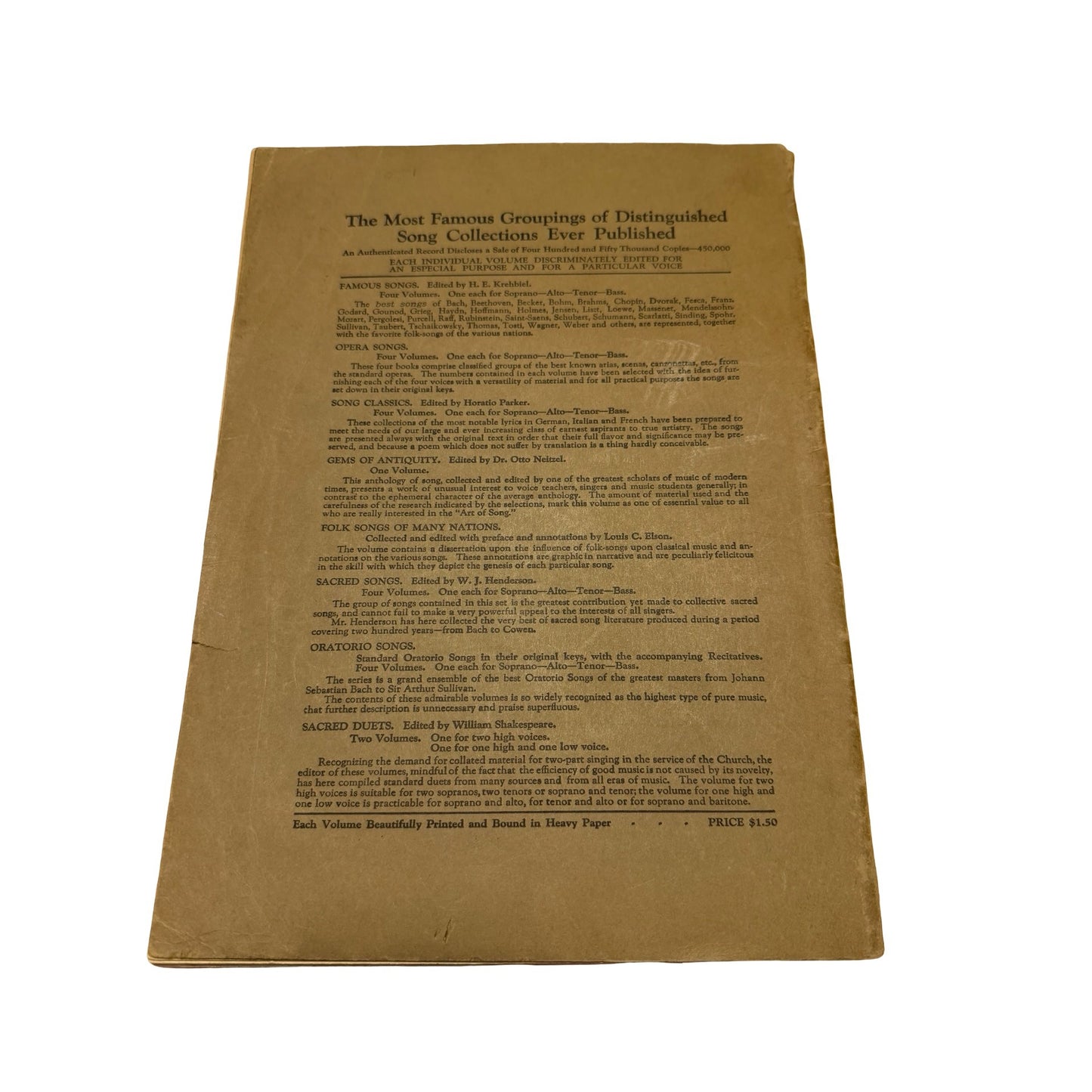 Antique Famous Songs Alto Vocal Sheet Music Collection H E Krehbiel John Church