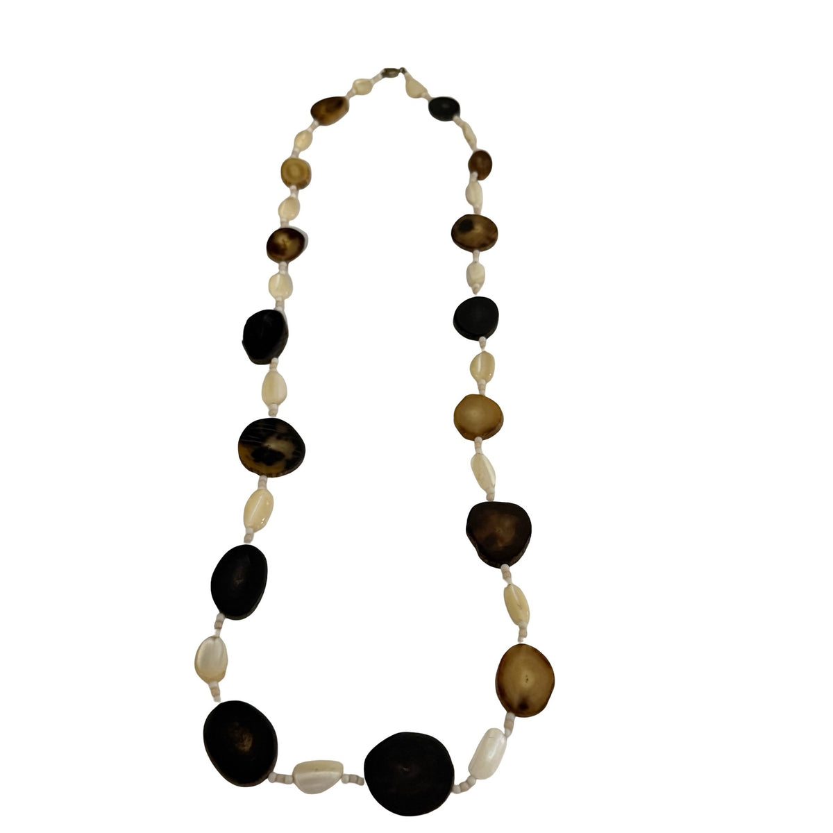 Vintage 30" Natural Shell Disc Necklace Brown Black Cream Chunky Boho