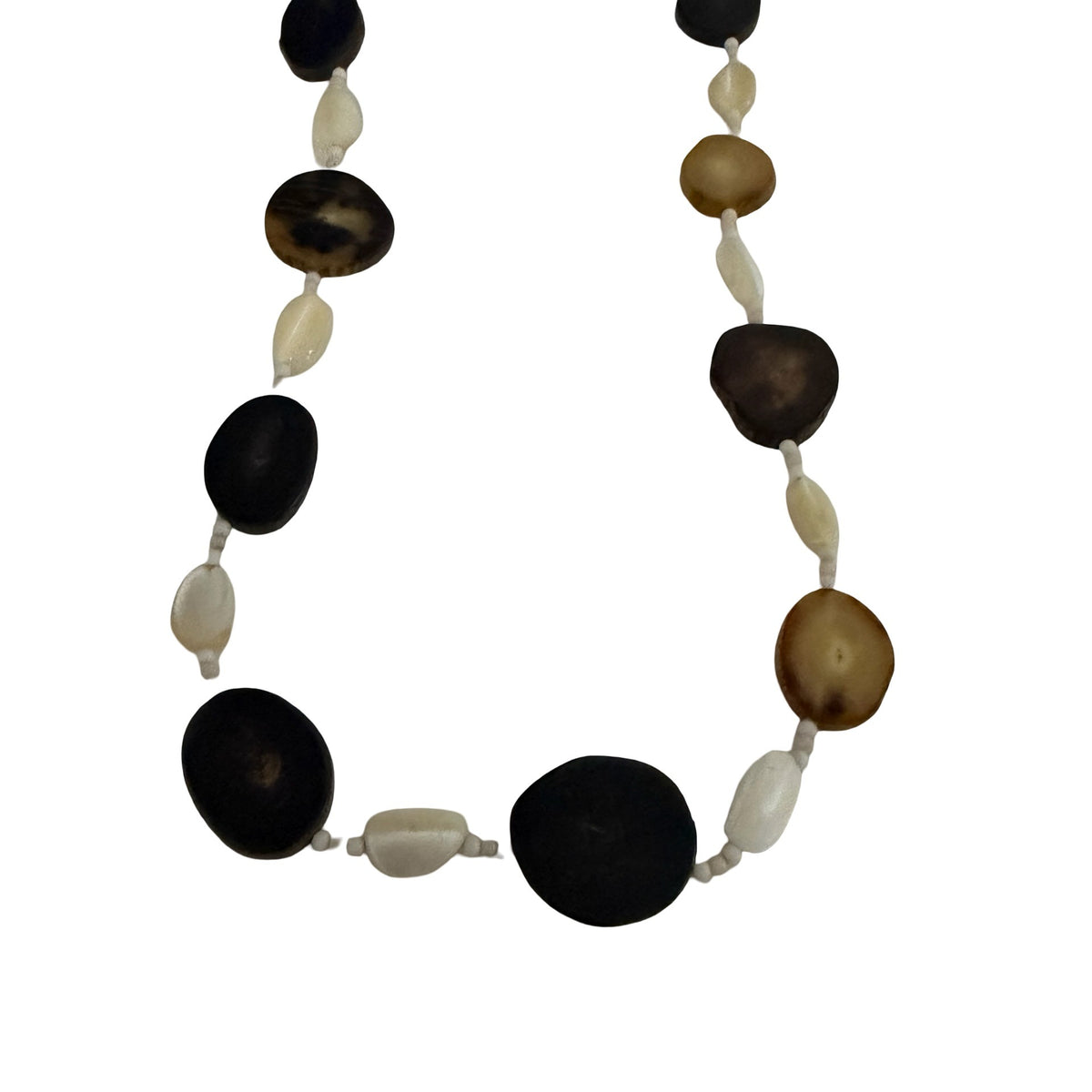 Vintage 30" Natural Shell Disc Necklace Brown Black Cream Chunky Boho