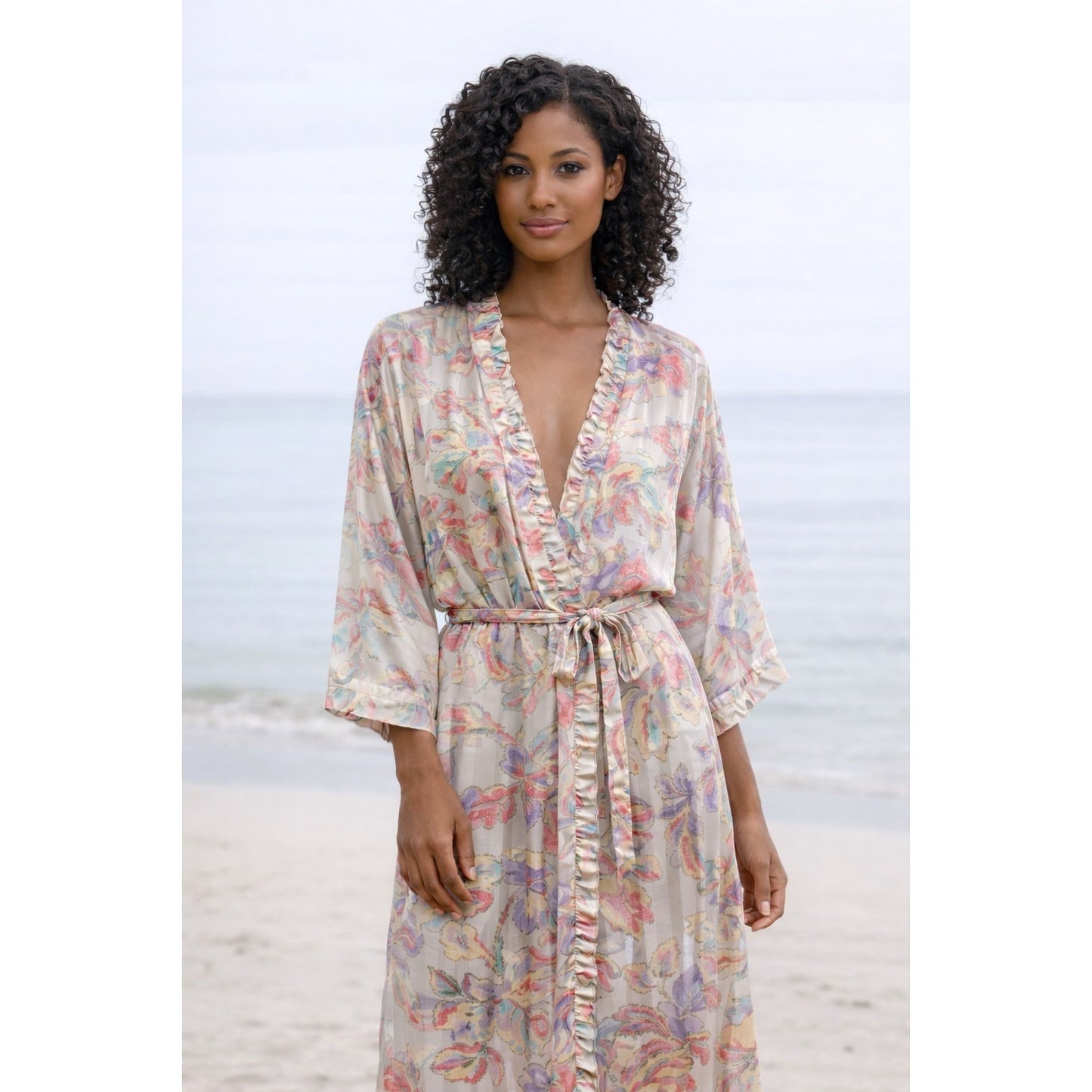 Vintage Y2K Circa 2000 Floral Satiny Kimono Robe Made in USA XL-XXL
