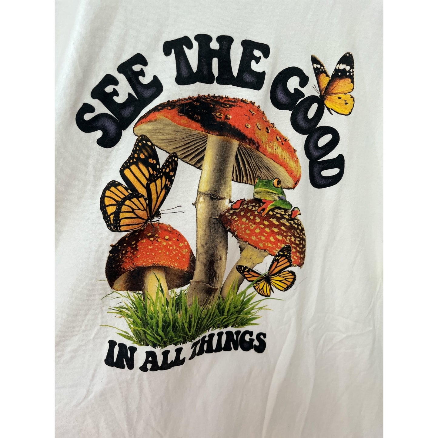 DOM “See The Good In All Things” Graphic T-Shirt Men’s Size XL – Mushrooms & Butterflies