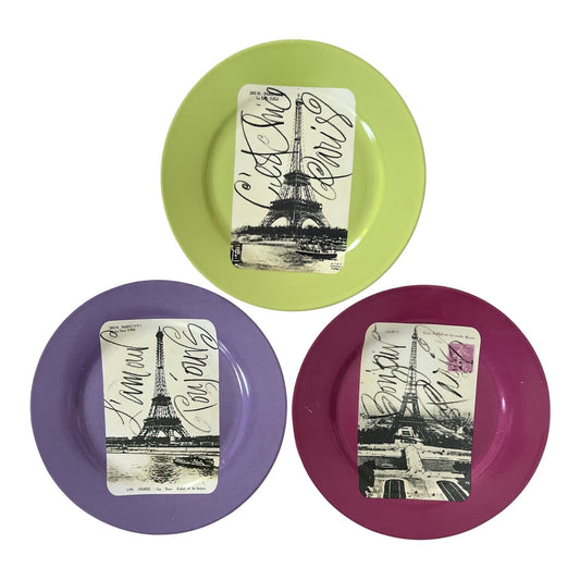 Set of 3 Rosanna Studio Eiffel Tower Paris Plates – Purple, Green, and Mauve – Vintage-Inspired Decor