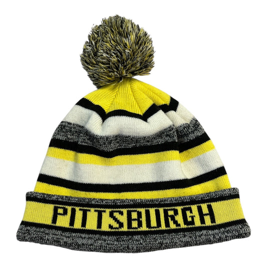 Pittsburgh Striped Pom Beanie – Black, Yellow, White Knit Winter Hat – Unisex – DAS Companies – 1SFM