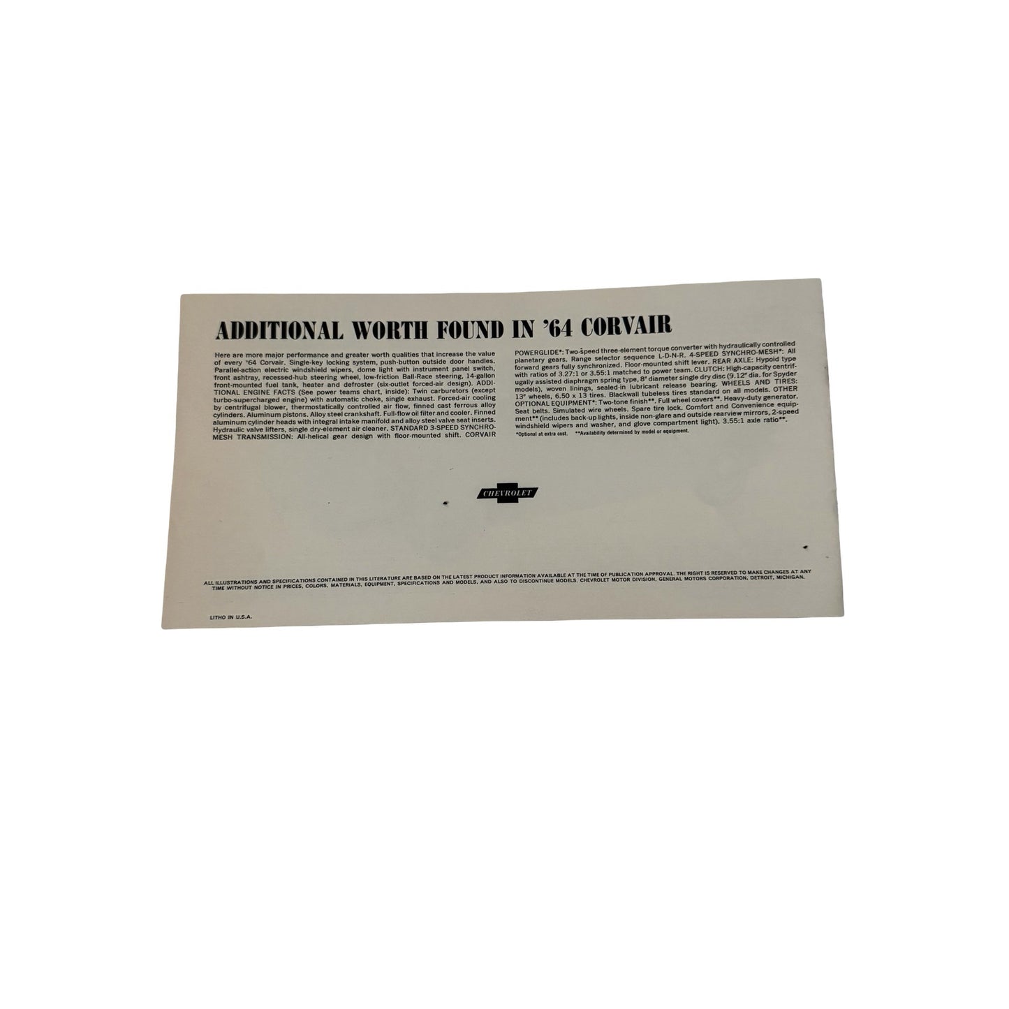 1964 Chevrolet Corvair Sales Brochure Original GM Dealer Catalog Monza Spyder