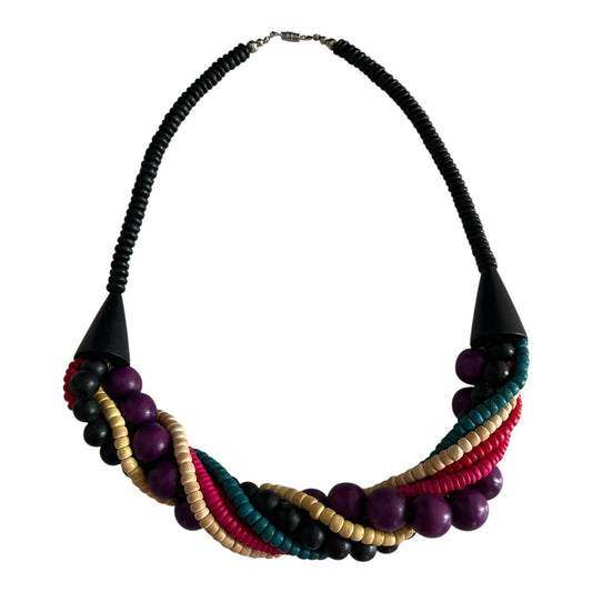 Vintage Multicolor Wooden Bead Statement Necklace – 9.25” Drop – 1980s Boho Retro