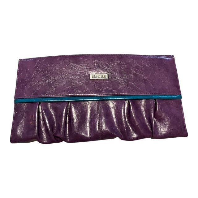 Miche Natalie Purple Faux Leather Clutch Shell Handbag Pleated Bottom April 2010