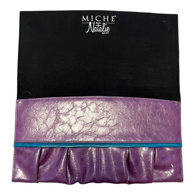 Miche Natalie Purple Faux Leather Clutch Shell Handbag Pleated Bottom April 2010
