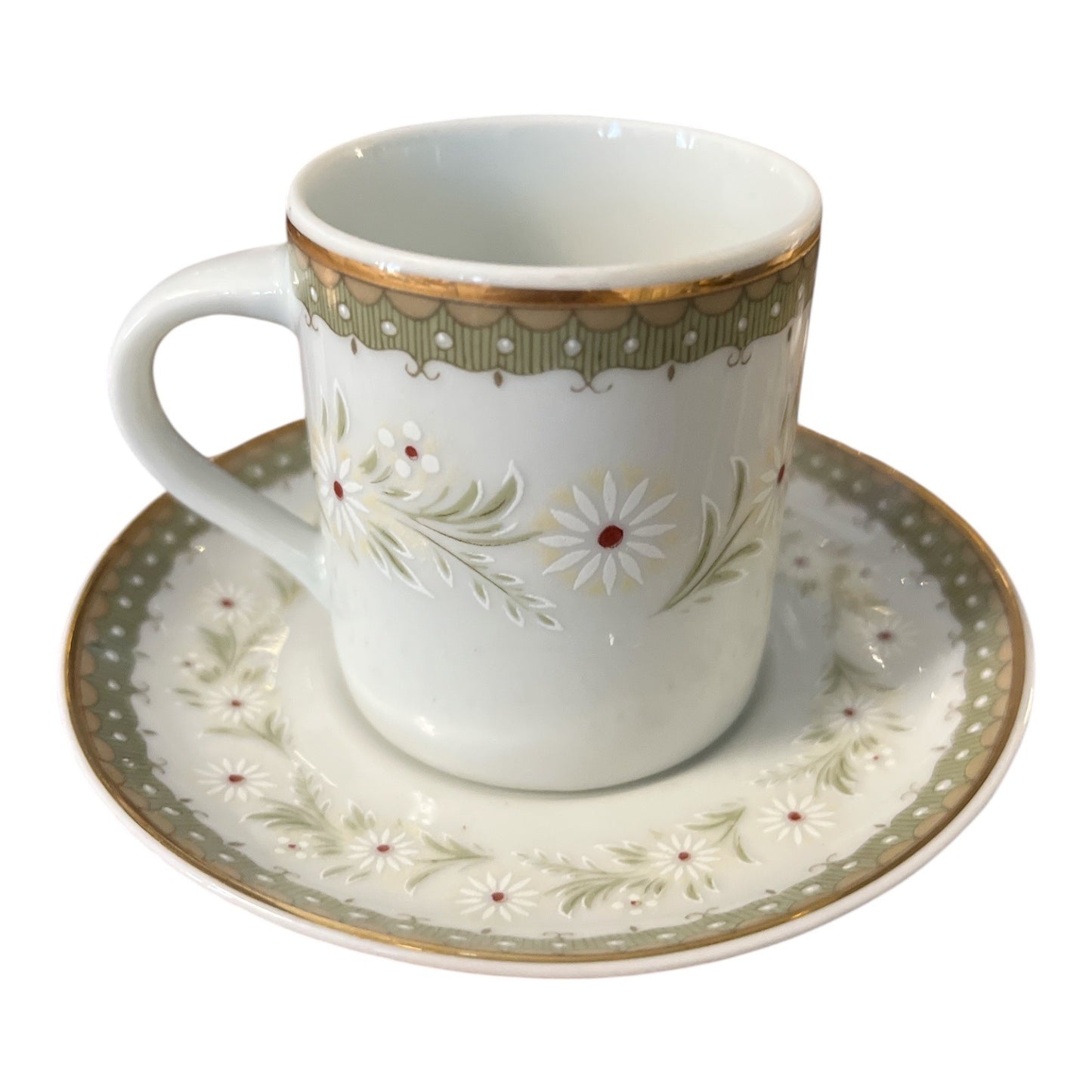 Vintage Leart Brazil Demitasse Cup and Saucer Set Green Gold Floral Espresso Tea Set