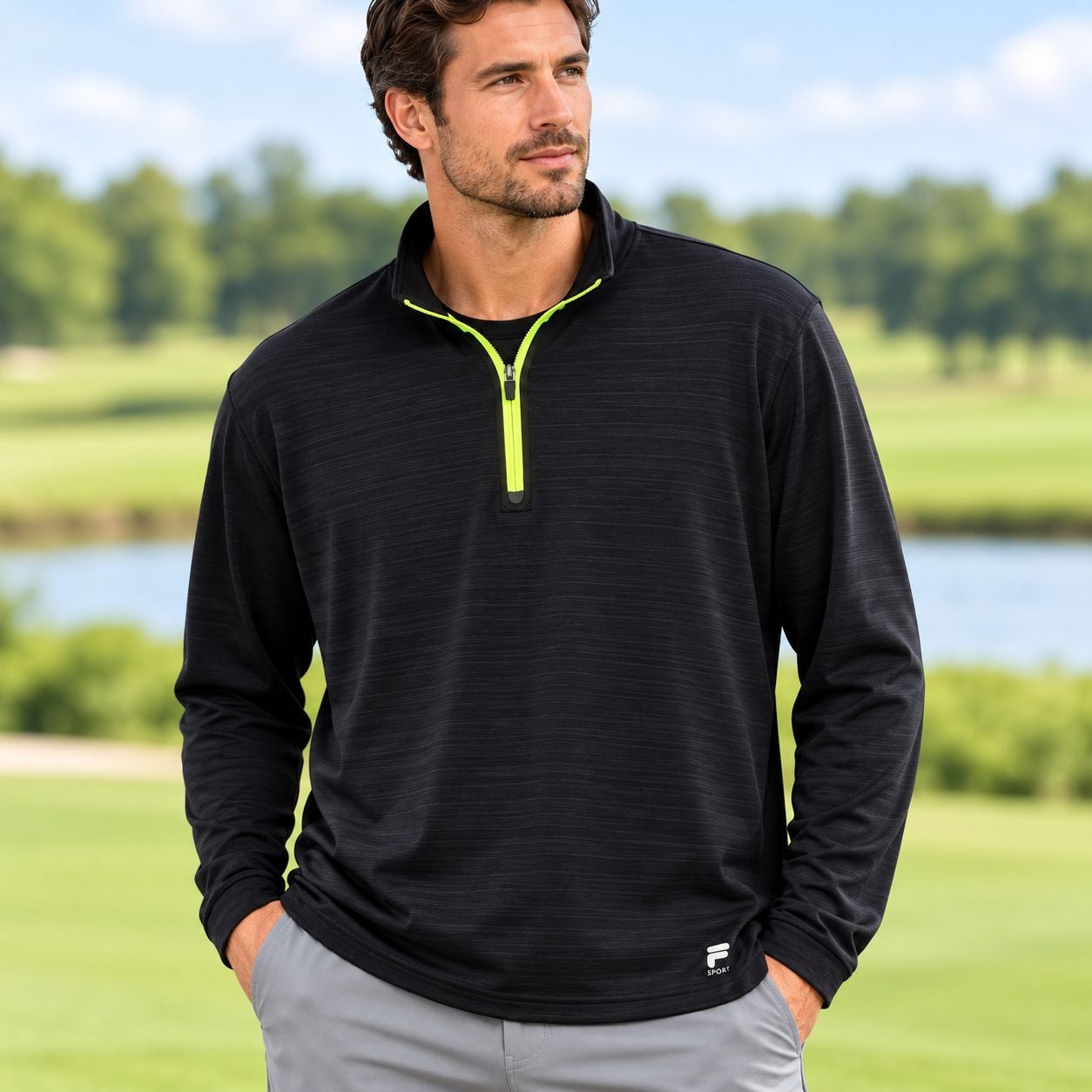 FILA Sport Men’s XXL Black Quarter Zip Pullover Neon Yellow Athletic Shirt