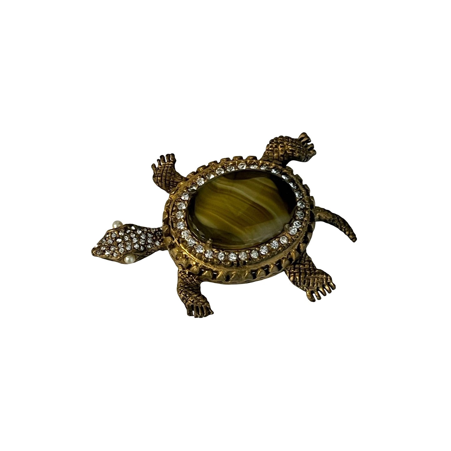 Vintage Turtle Brooch Gold Tone Tiger Eye Rhinestone Faux Pearl Figural Pin 2.5”
