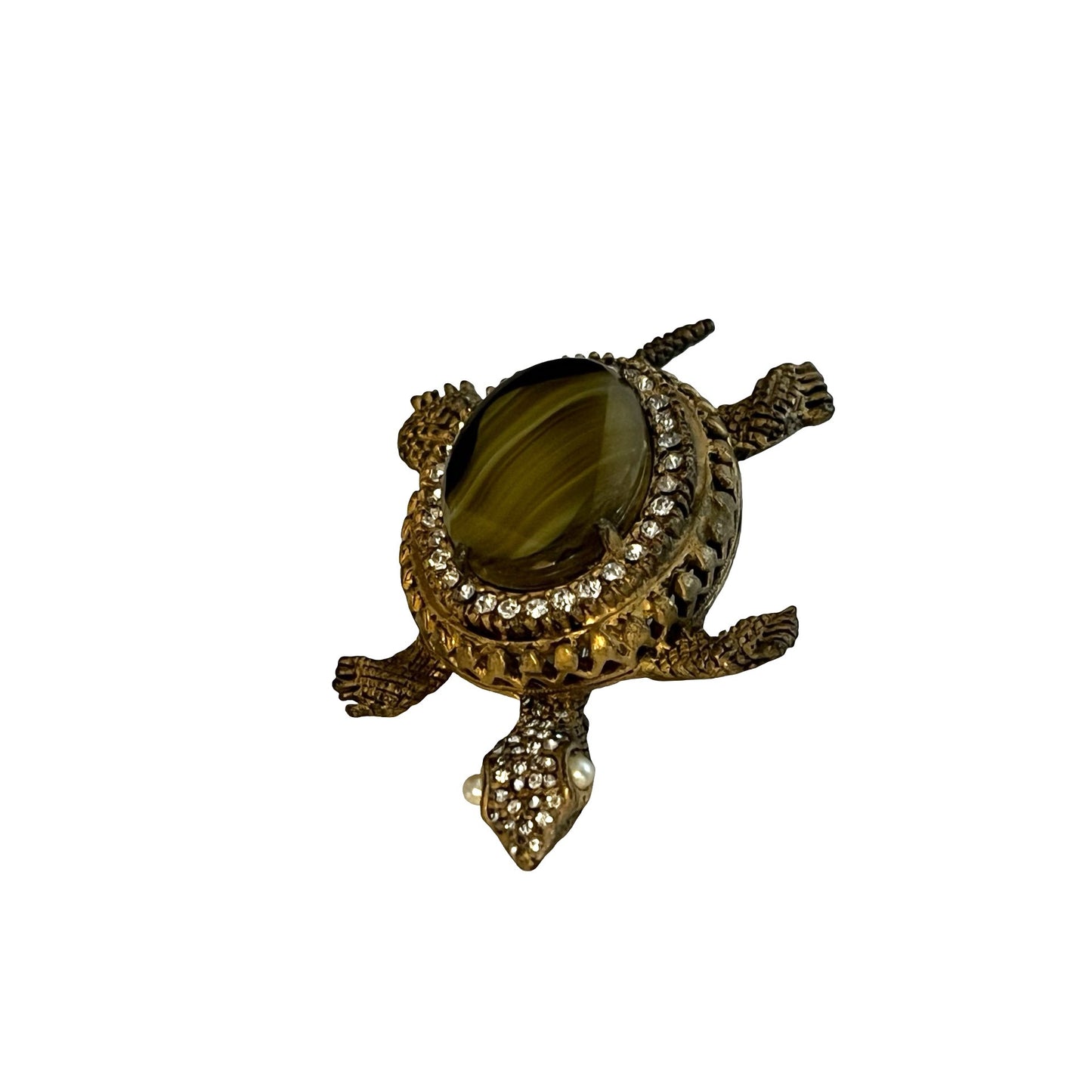 Vintage Turtle Brooch Gold Tone Tiger Eye Rhinestone Faux Pearl Figural Pin 2.5”
