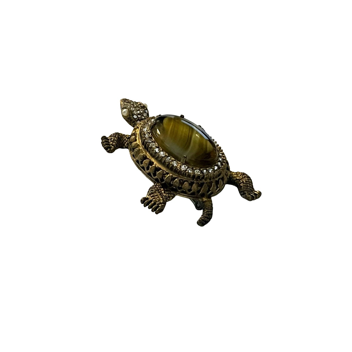 Vintage Turtle Brooch Gold Tone Tiger Eye Rhinestone Faux Pearl Figural Pin 2.5”
