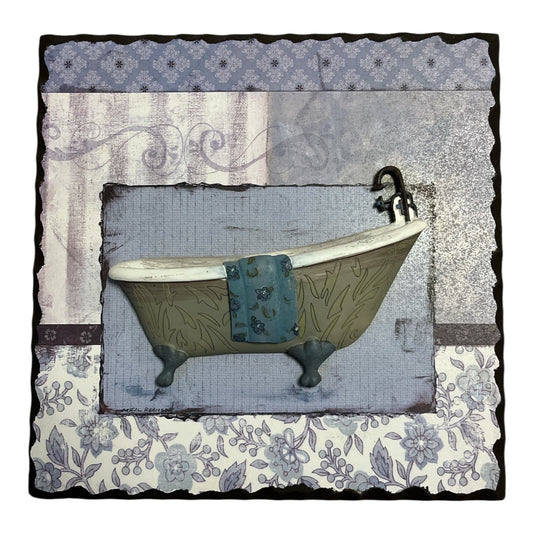 Plaid Mint Clawfoot Tub Wall Art – 2011 Bed Bath & Beyond Bathroom Decor, 3D Mixed Media, 8” Square