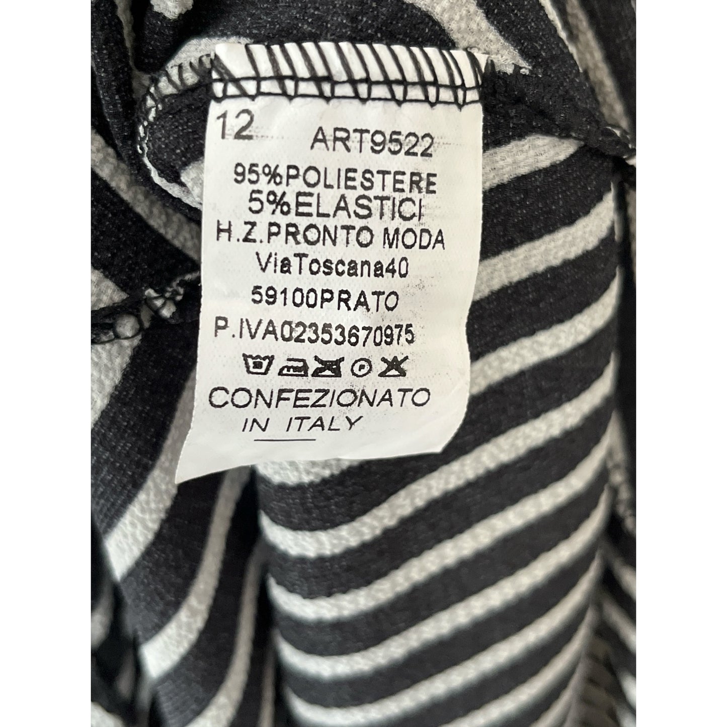 H.Z. Pronto Moda Black White Striped Tie Neck Dress Made in Italy Size 12