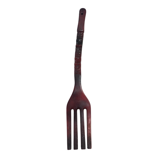 Vintage Hand-Carved Wooden Fork – Polynesian Tiki Totem Design – 23” Wall Decor