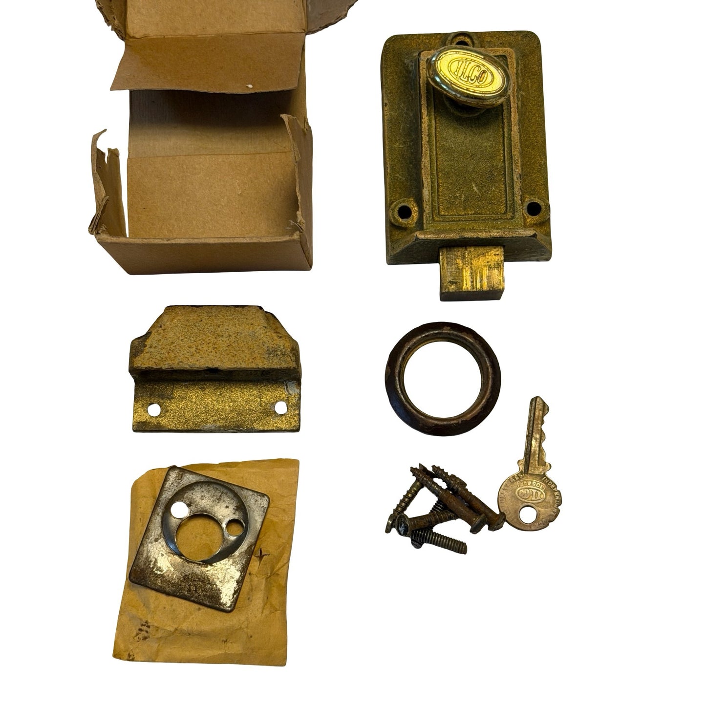 Vintage ILCO Rim Night Latch Door Lock Set Key Hardware Instructions Original Box