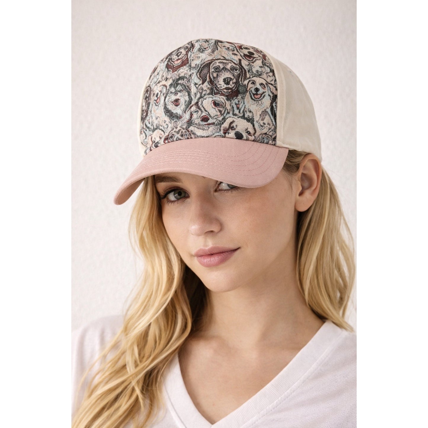 Y2K Bergweiser Dog Print Baseball Cap Pink Cream One Size Adjustable