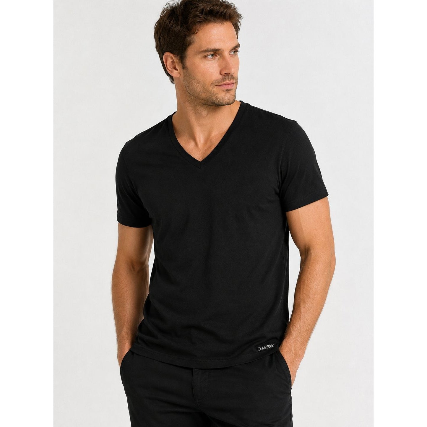 Calvin Klein Black V Neck T Shirt Mens Large 100% Cotton Minimalist Logo Tee