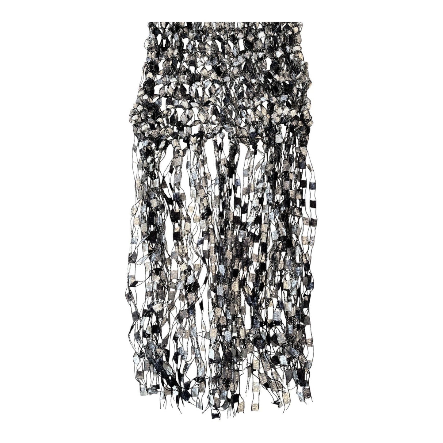 Black and Silver Open Knit Fringe Scarf 80 x 7 Inches