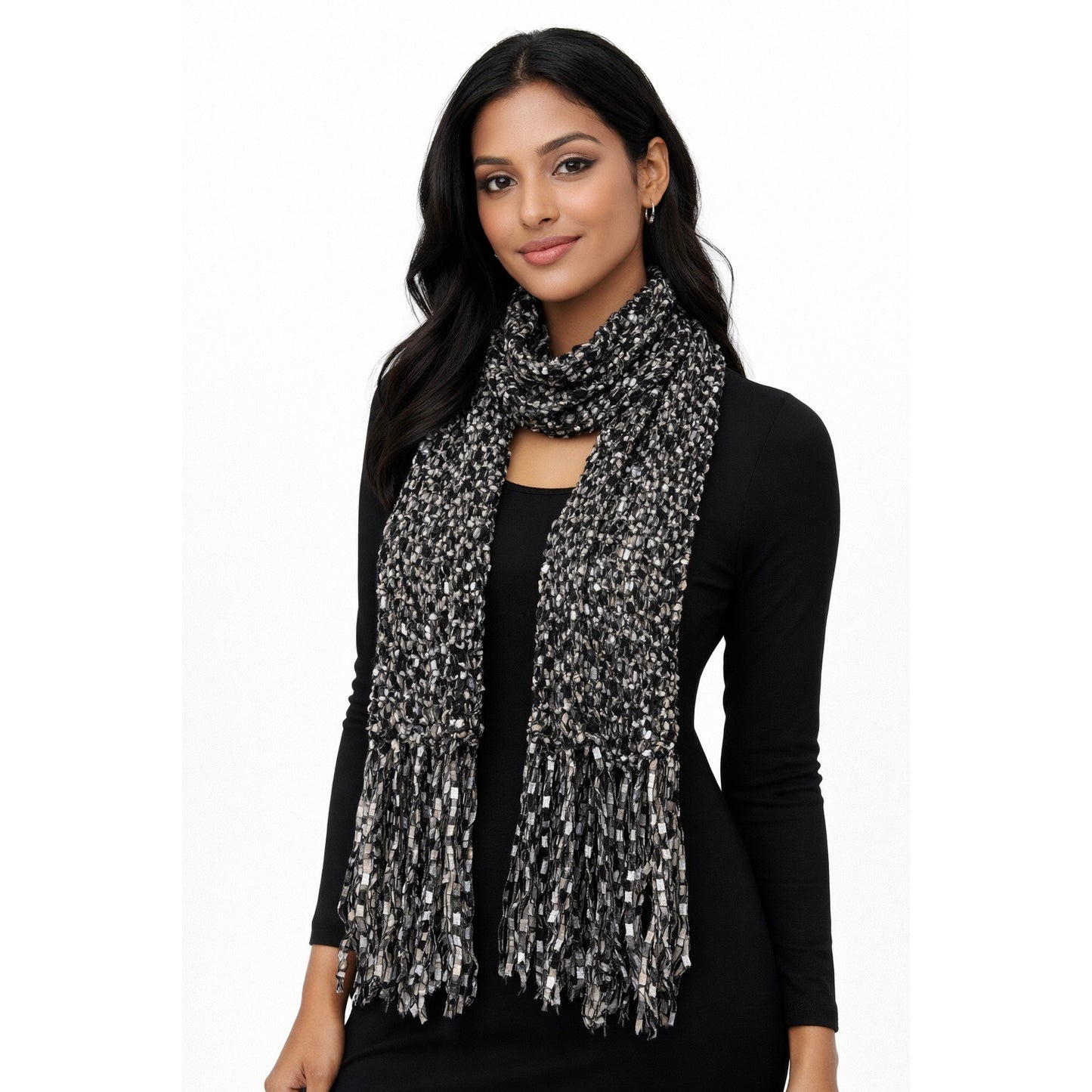 Black and Silver Open Knit Fringe Scarf 80 x 7 Inches