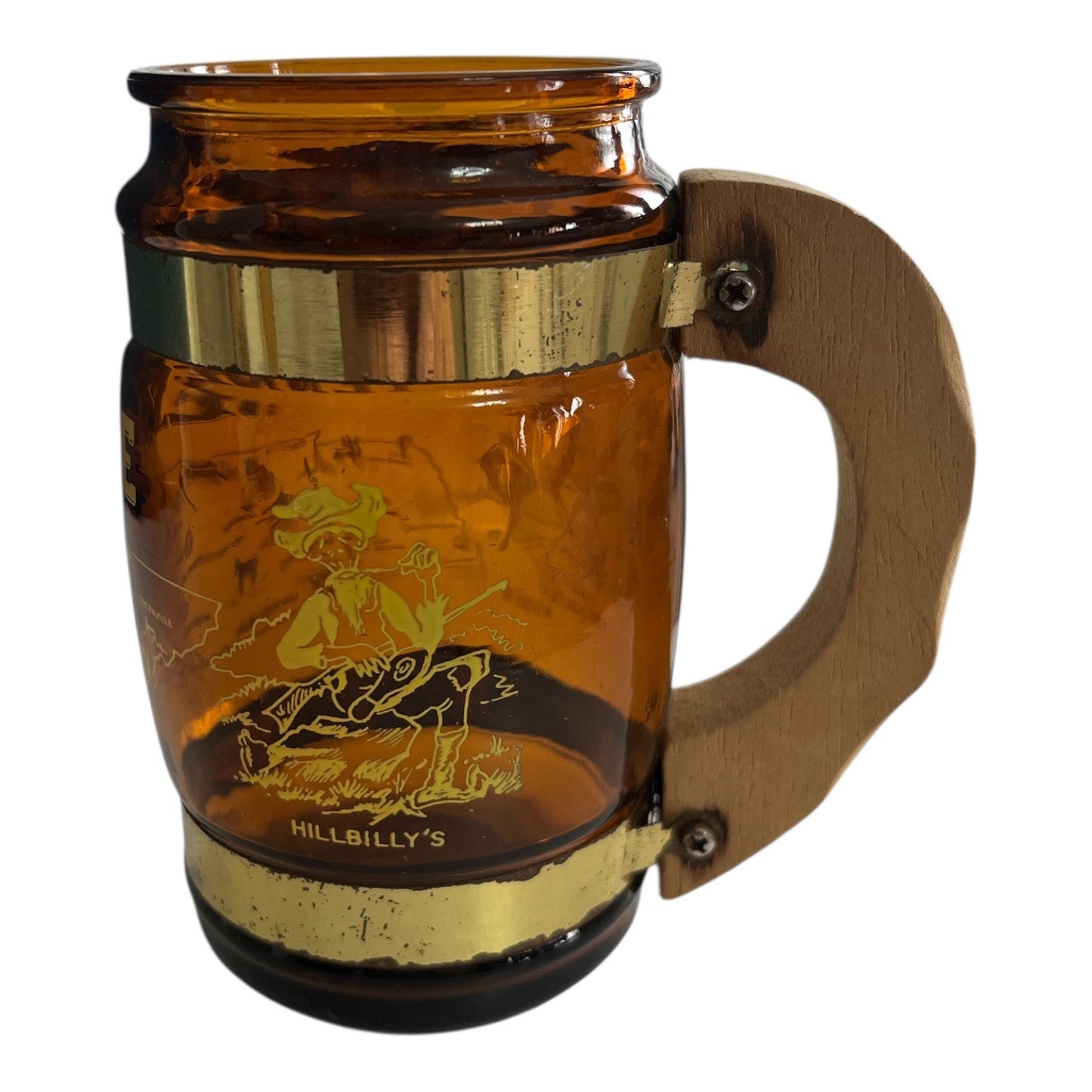 Vintage Tennessee Souvenir Mug – Amber Glass with Wooden Handle and Brass Trim – Hillbilly’s Theme