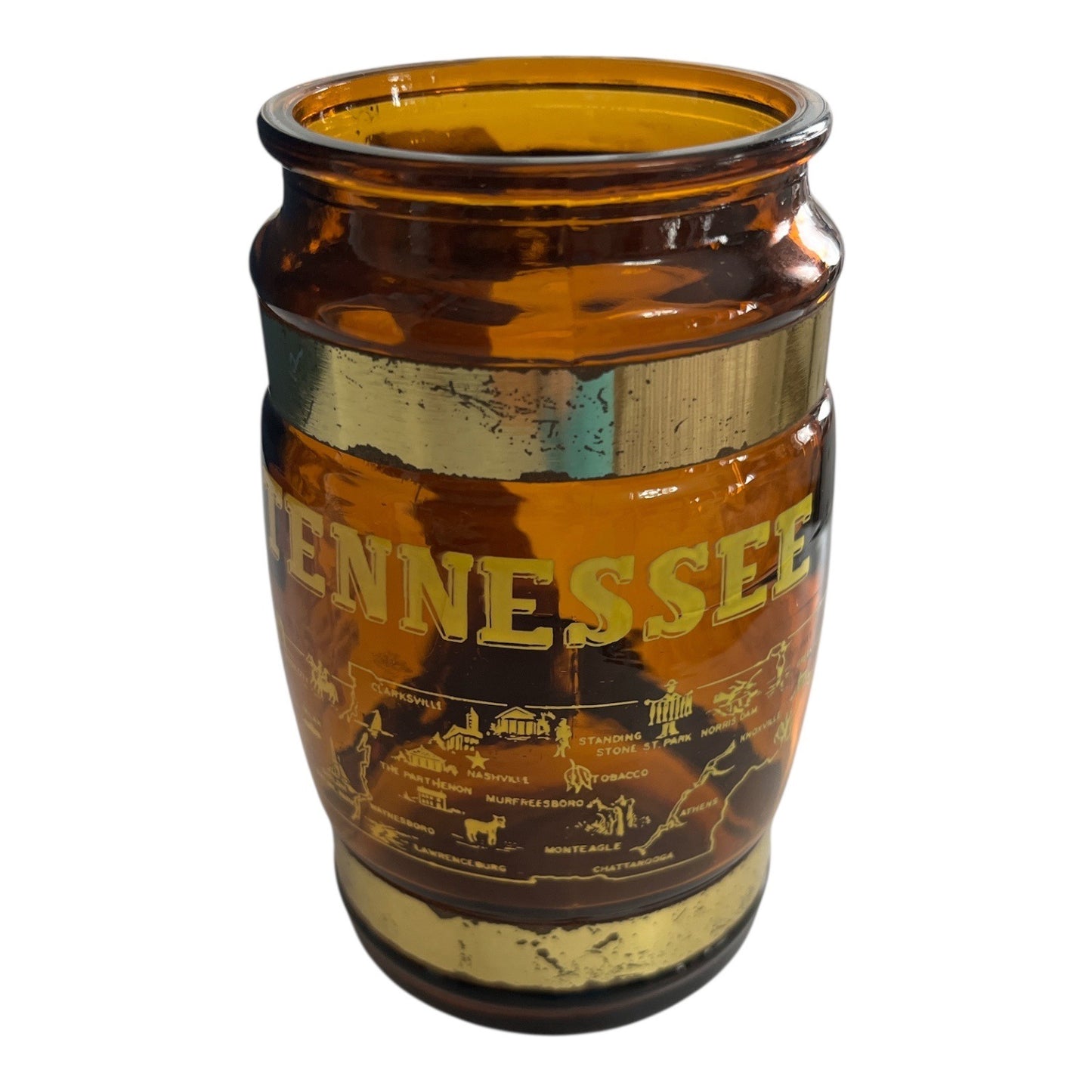 Vintage Tennessee Souvenir Mug – Amber Glass with Wooden Handle and Brass Trim – Hillbilly’s Theme