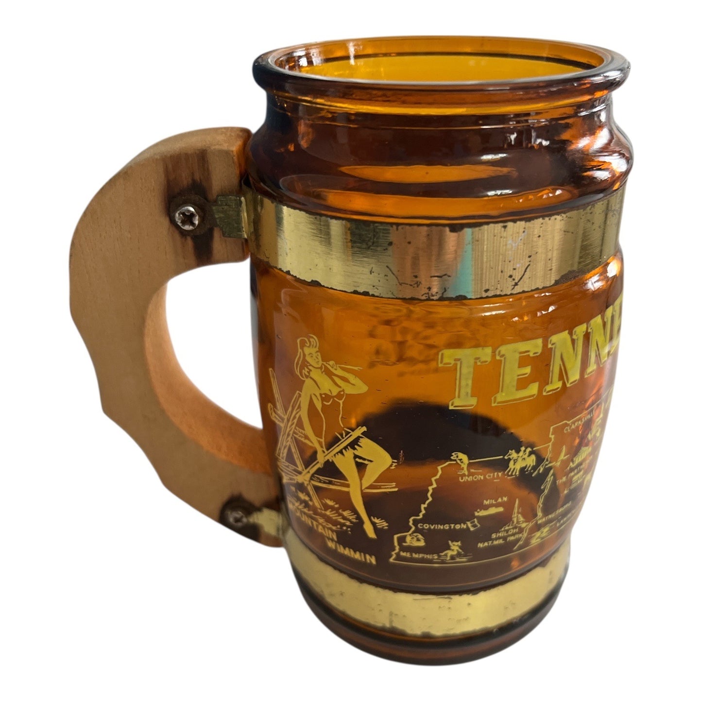 Vintage Tennessee Souvenir Mug – Amber Glass with Wooden Handle and Brass Trim – Hillbilly’s Theme