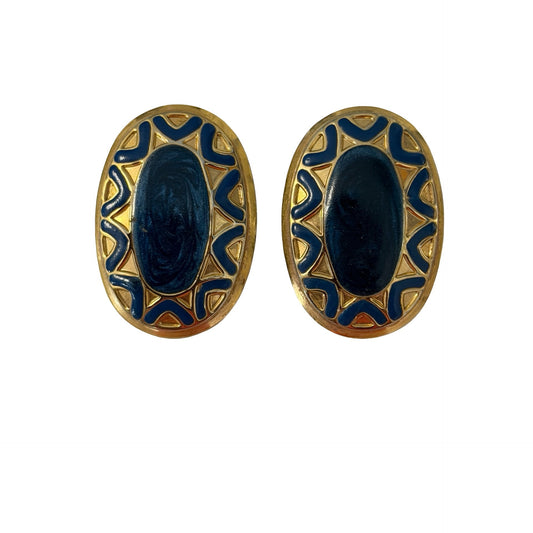 Vintage Blue Enamel Oval Earrings Gold Tone Statement Earrings Retro Geometric Jewelry