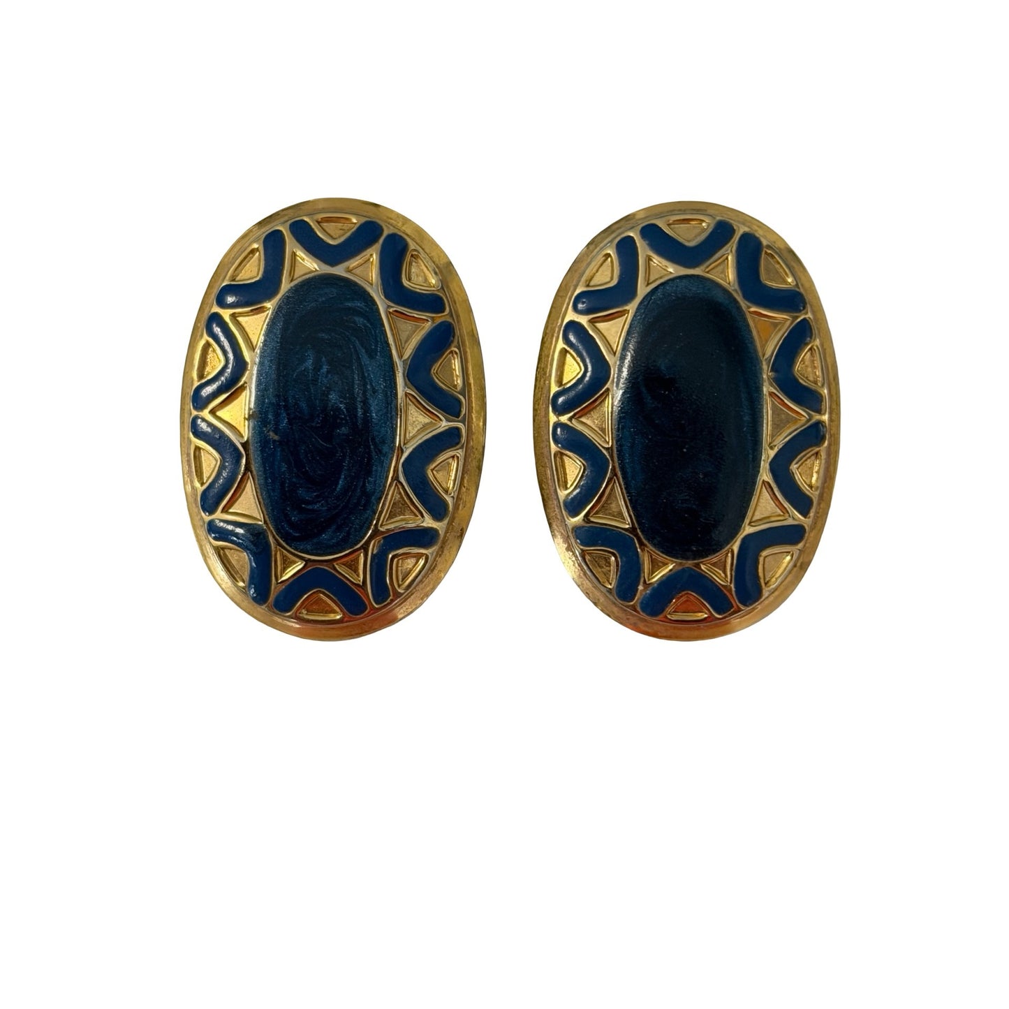 Vintage Blue Enamel Oval Earrings Gold Tone Statement Earrings Retro Geometric Jewelry