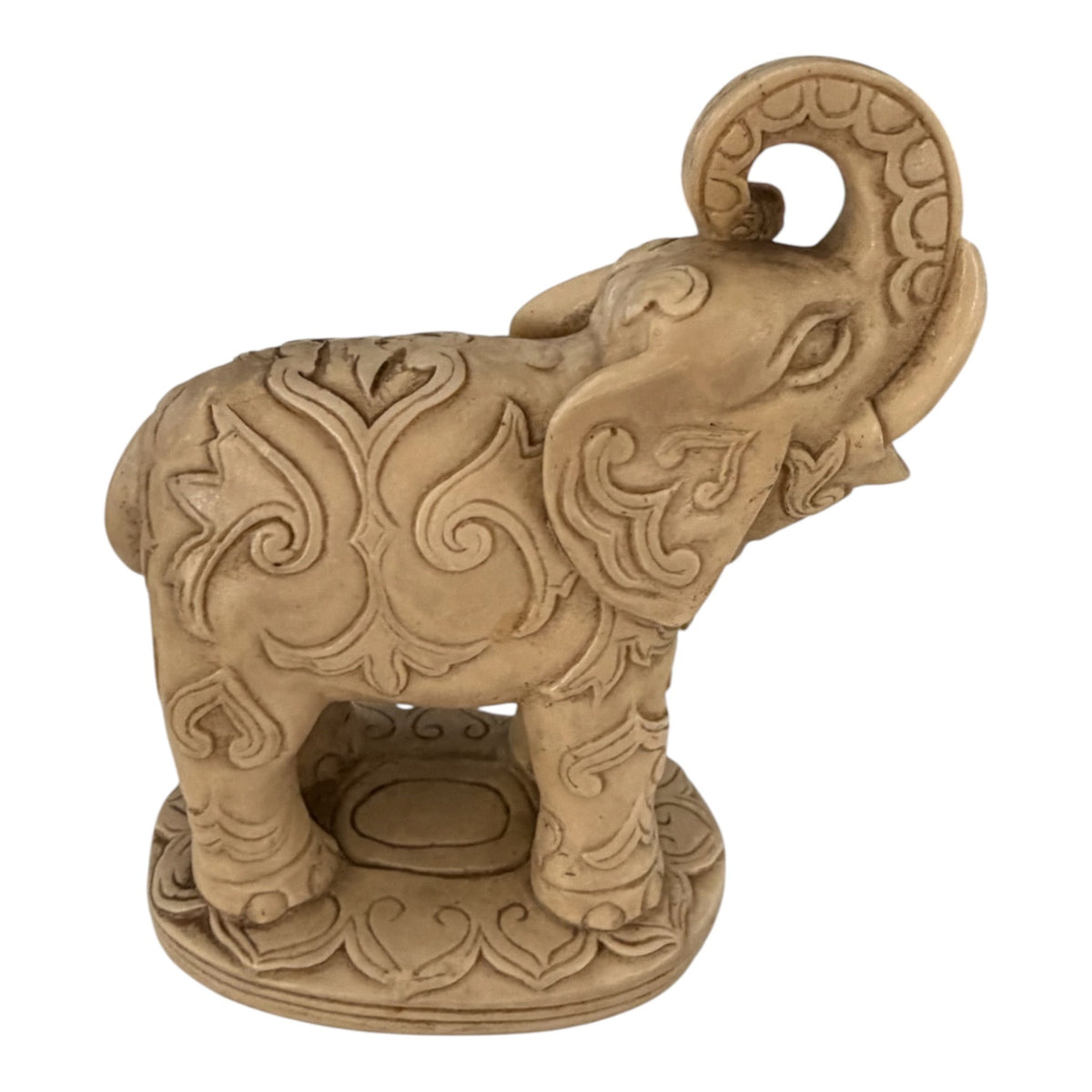 Vintage Ornate Elephant Figurine Raised Trunk Carved Look 4 Inch