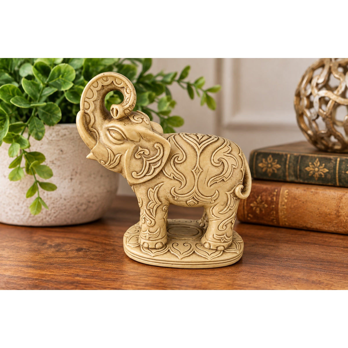Vintage Ornate Elephant Figurine Raised Trunk Carved Look 4 Inch