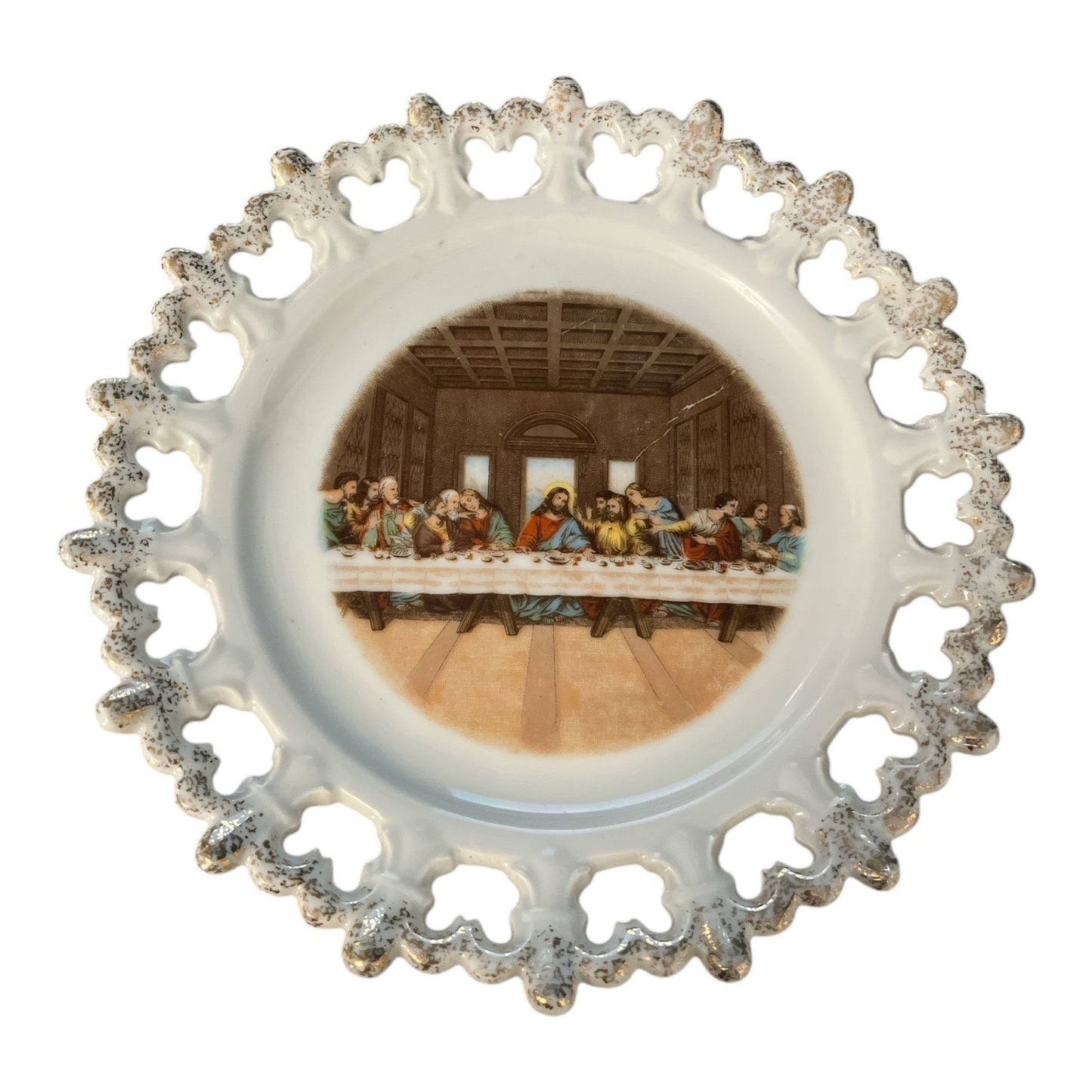 Vintage Porcelain Plate – The Last Supper – Reticulated Lace Edge – 8” Decorative Wall Hanging