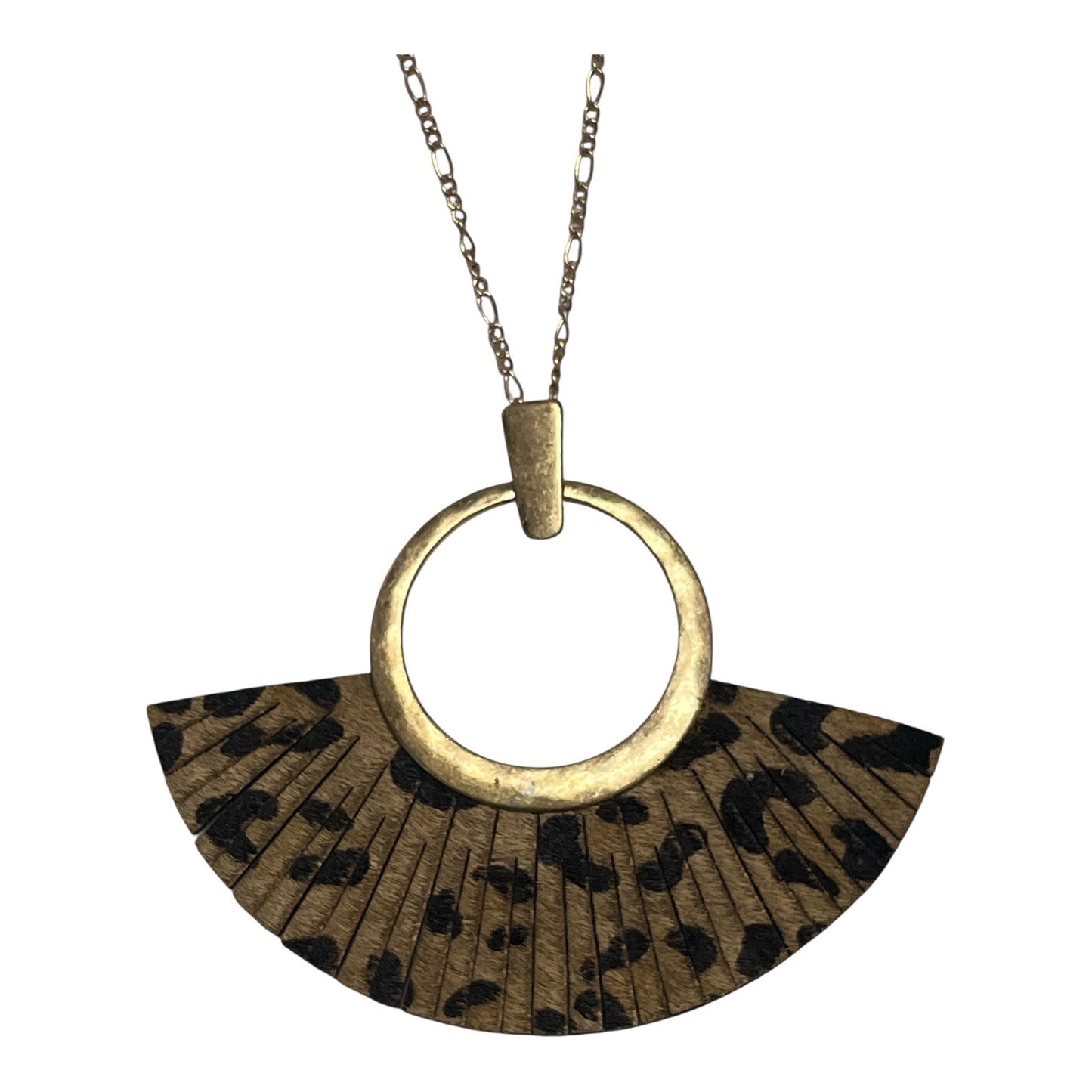Gold-Tone Pendant Necklace – Leopard Print Fan Accent – 18” Chain