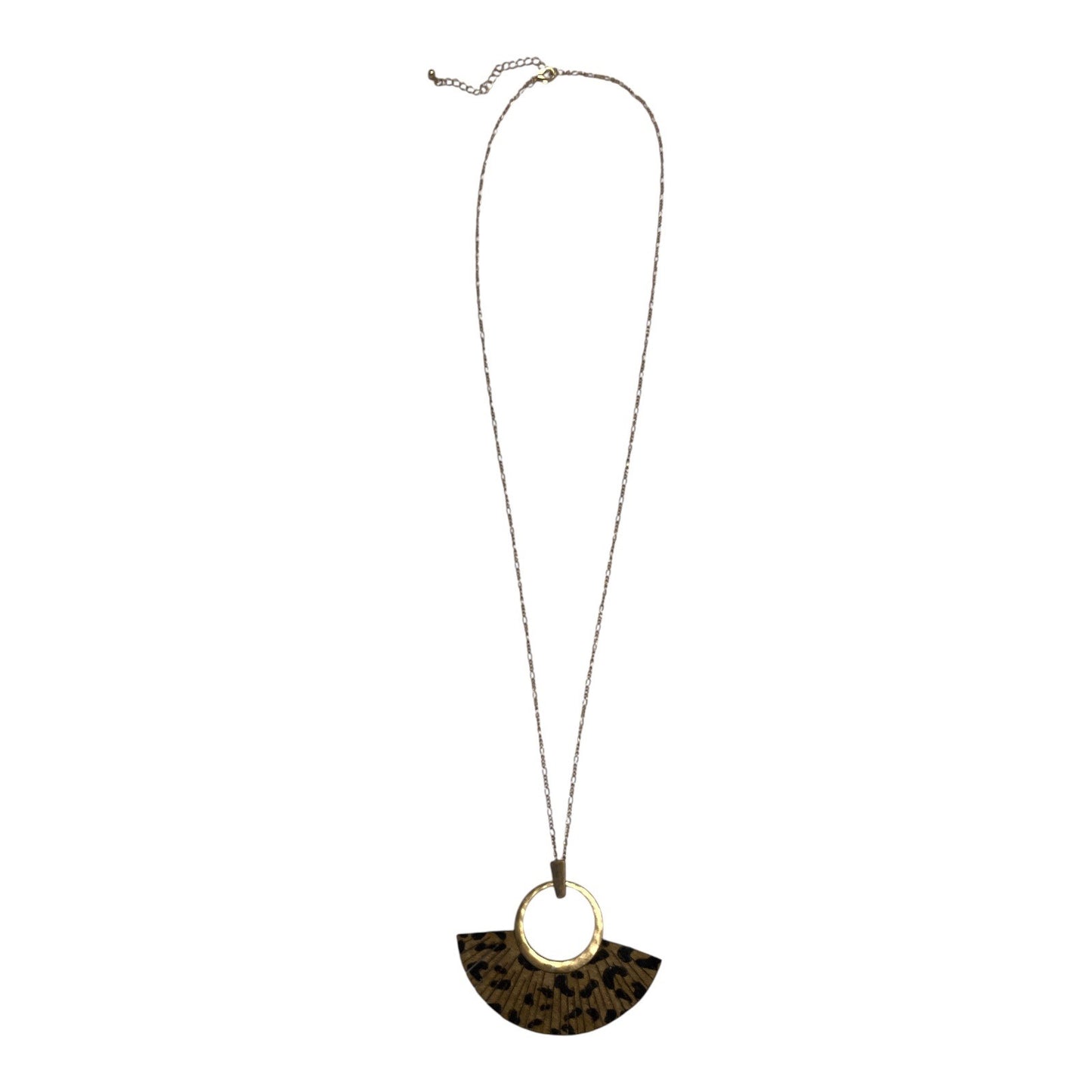 Gold-Tone Pendant Necklace – Leopard Print Fan Accent – 18” Chain