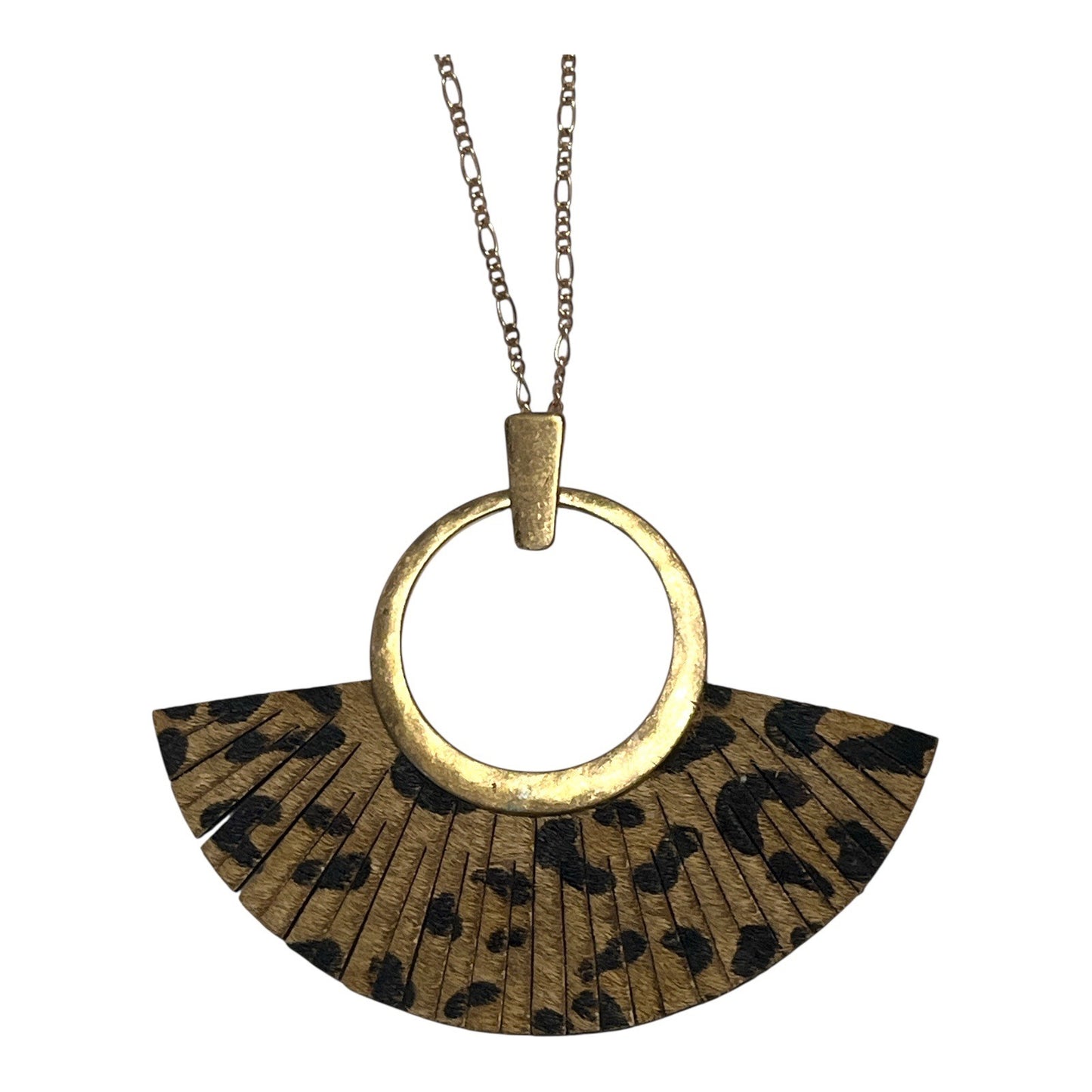 Gold-Tone Pendant Necklace – Leopard Print Fan Accent – 18” Chain
